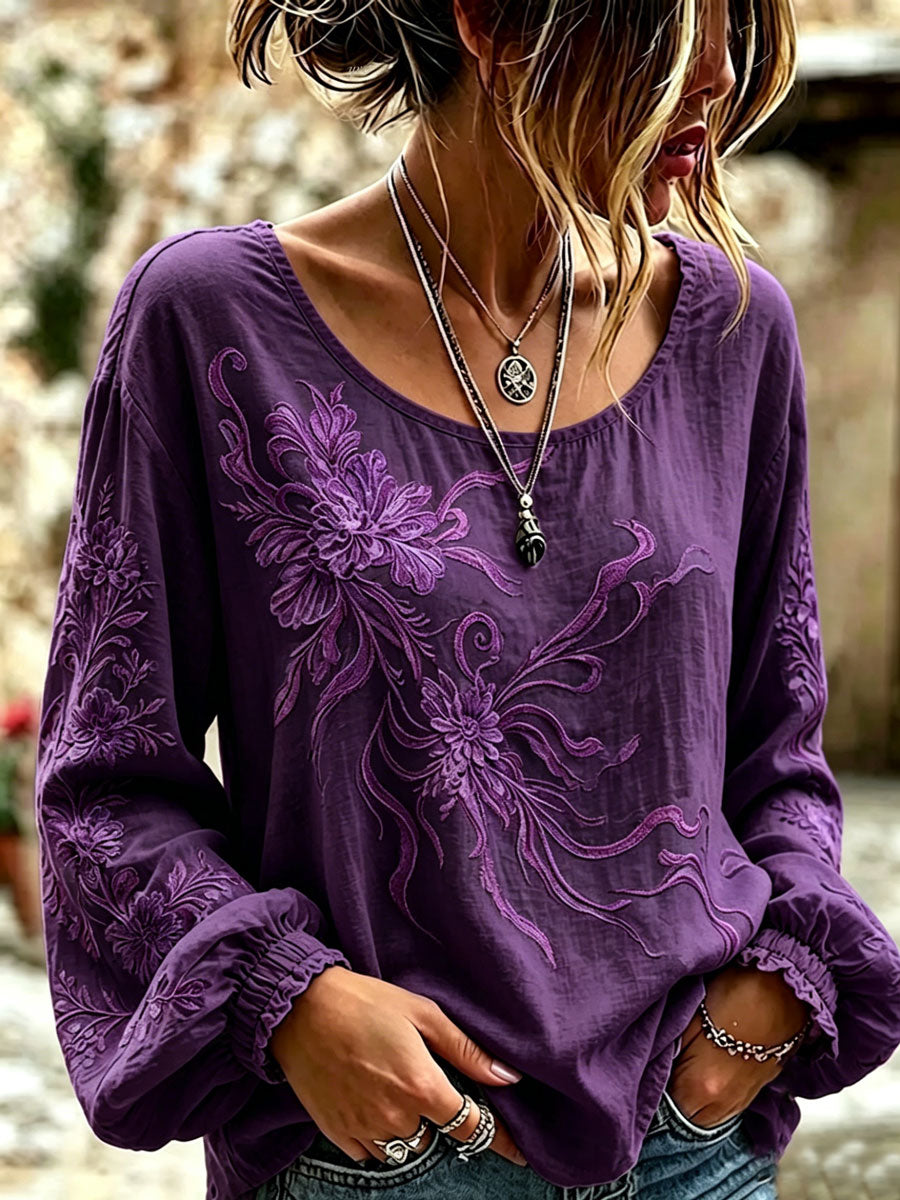 Women'S Casual Floral Cotton Linen Long Sleeved Shirt