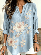 Women's Large Floral Embroidered Henley Neck Linen Blouse