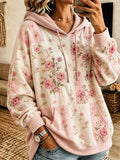 Women's Vintage Rose Floral Patchwork Drawstring Pocket Hoodie