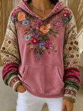 Women's Breast Cancer Awareness Flower Print Long Sleeve Hooded Sweatshirt