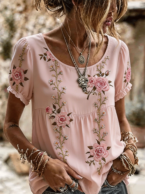 Women's Vintage Pink Rose Floral Embroidery Puff Sleeve Casual Blouse