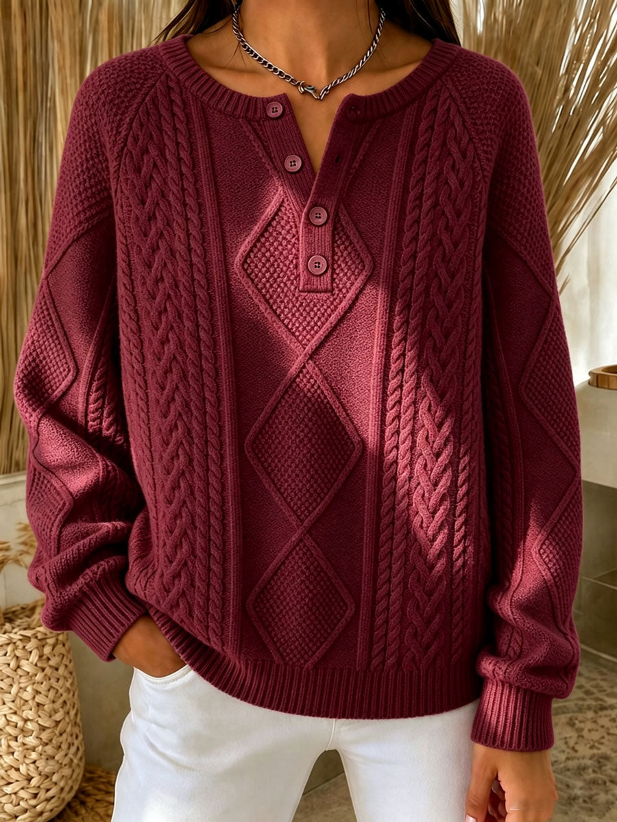 Women'S Casual Printed Henry Button Striped Knitted Top