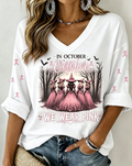 Women'S In October We Wear Pink Mid Sleeve V-Neck T-Shirt
