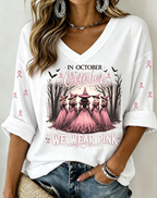 Women'S In October We Wear Pink Mid Sleeve V-Neck T-Shirt