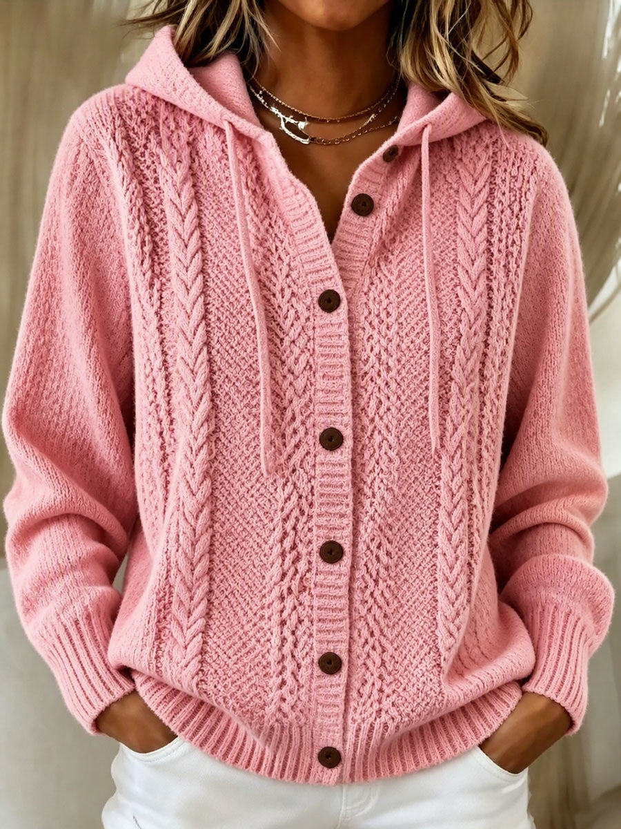 Women's Pink Gradient Pattern Hooded Knit Sweatshirt