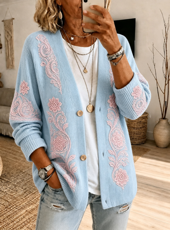 Women's Pink Floral Pattern Knit Cardigan
