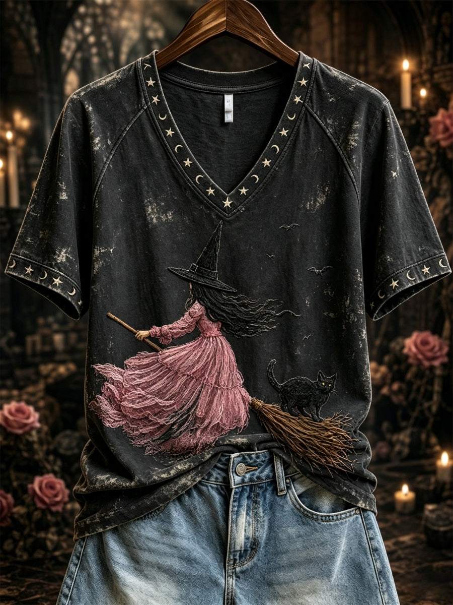 Women's Pink Witch-Themed Print Casual T-Shirt