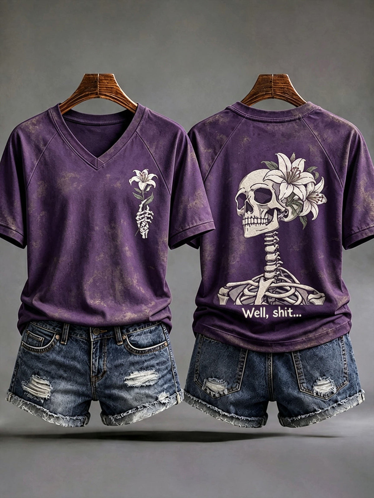 Women's Retro Halloween Well, Shit... Print V Neck T-Shirt