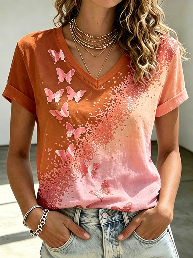 Pink Butterfly Breast Cancer Awareness V-Neck T-Shirt