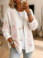 Women's Pink Floral Pattern Knit Cardigan