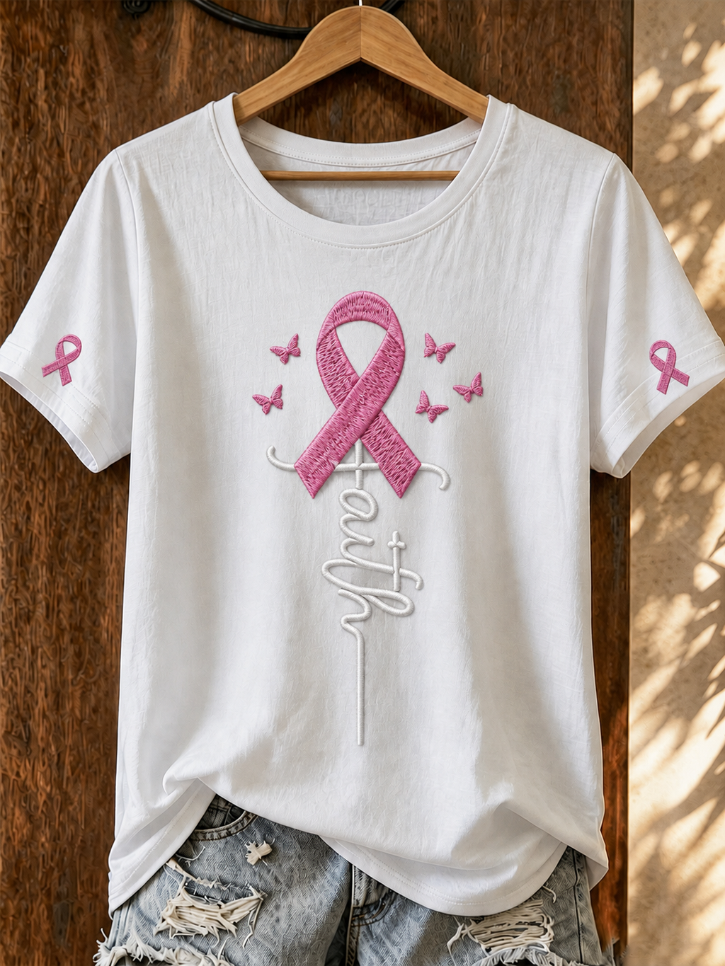 Women's Casual Breast Cancer Embroidery T-Shirt