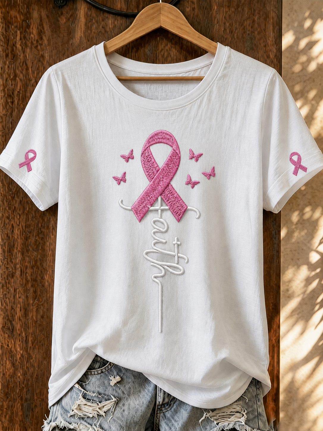 Women's Casual Breast Cancer Embroidery T-Shirt