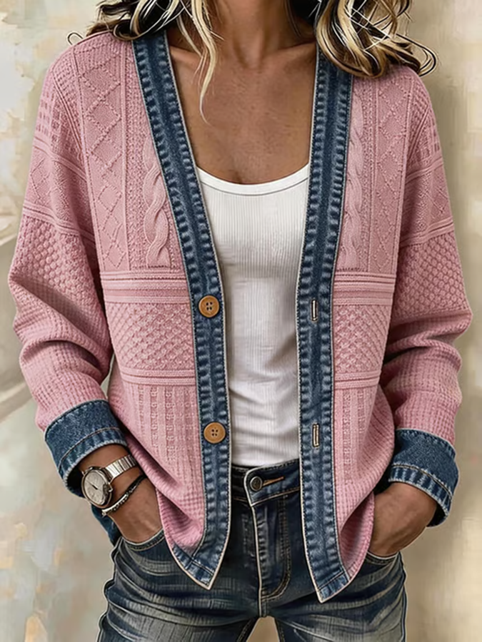 Women's Casual Printed Waffle-Knit Panel Cardigan
