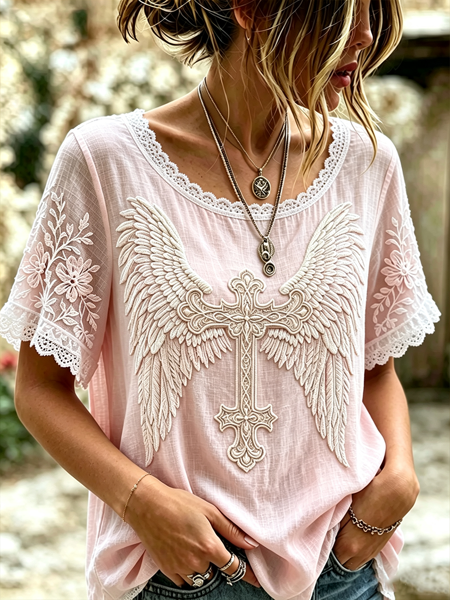 Women's Casual Round Neck Lace Patchwork Belief Top
