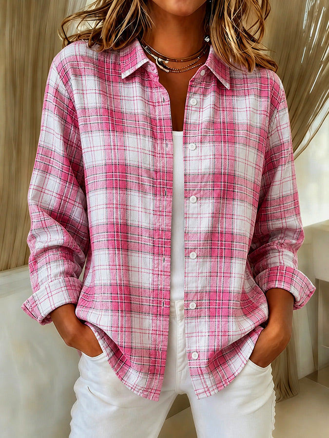 Women'S Pink Checkered Printed Lapel Long Sleeved Shirt