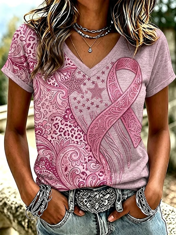 Women's Retro Vintage Pink Ribbon Print Printed T-shirt