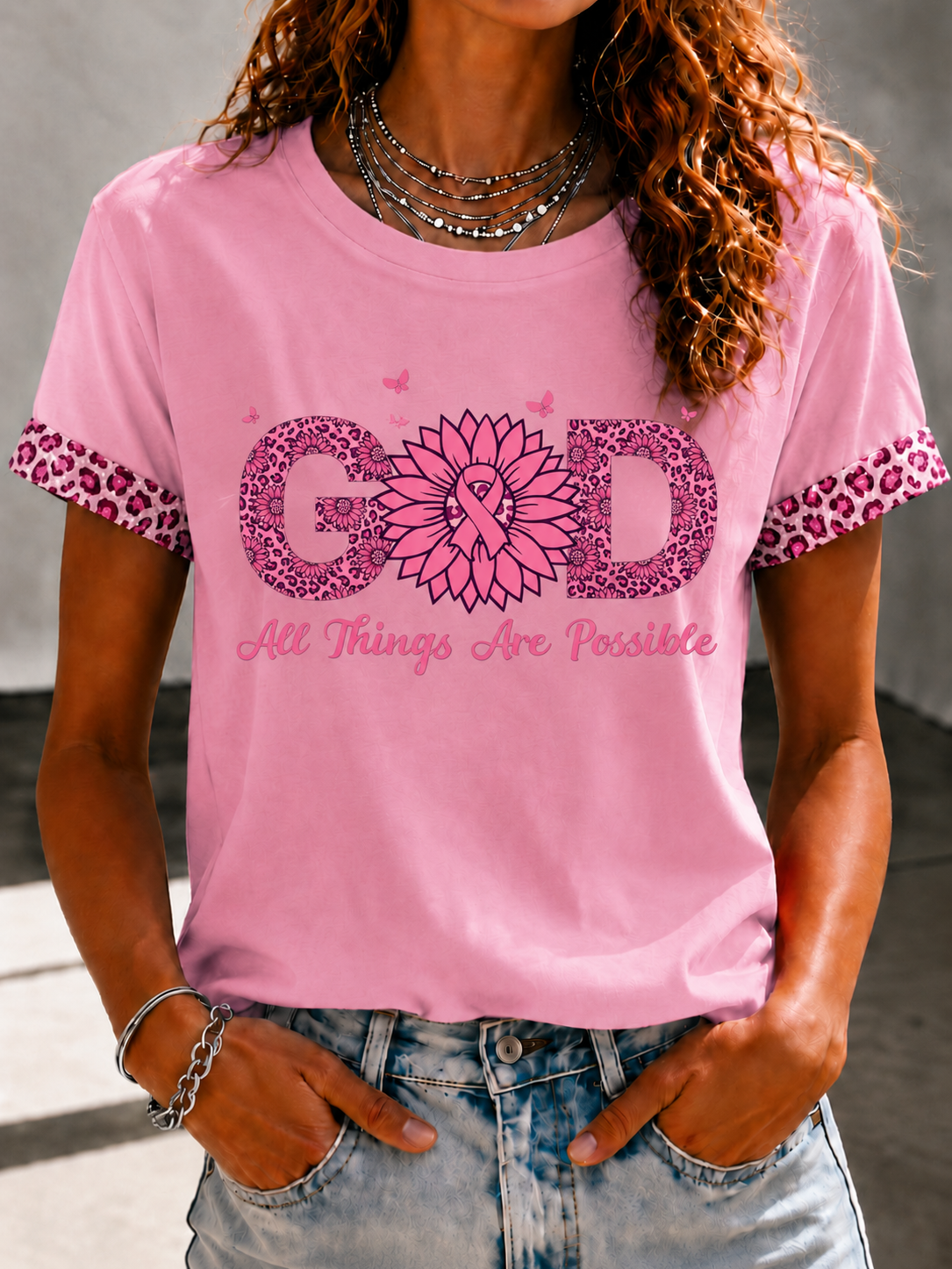 Women'S Pink Art Printed Casual T-Shirt