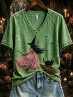 Women's Pink Witch-Themed Print Casual T-Shirt