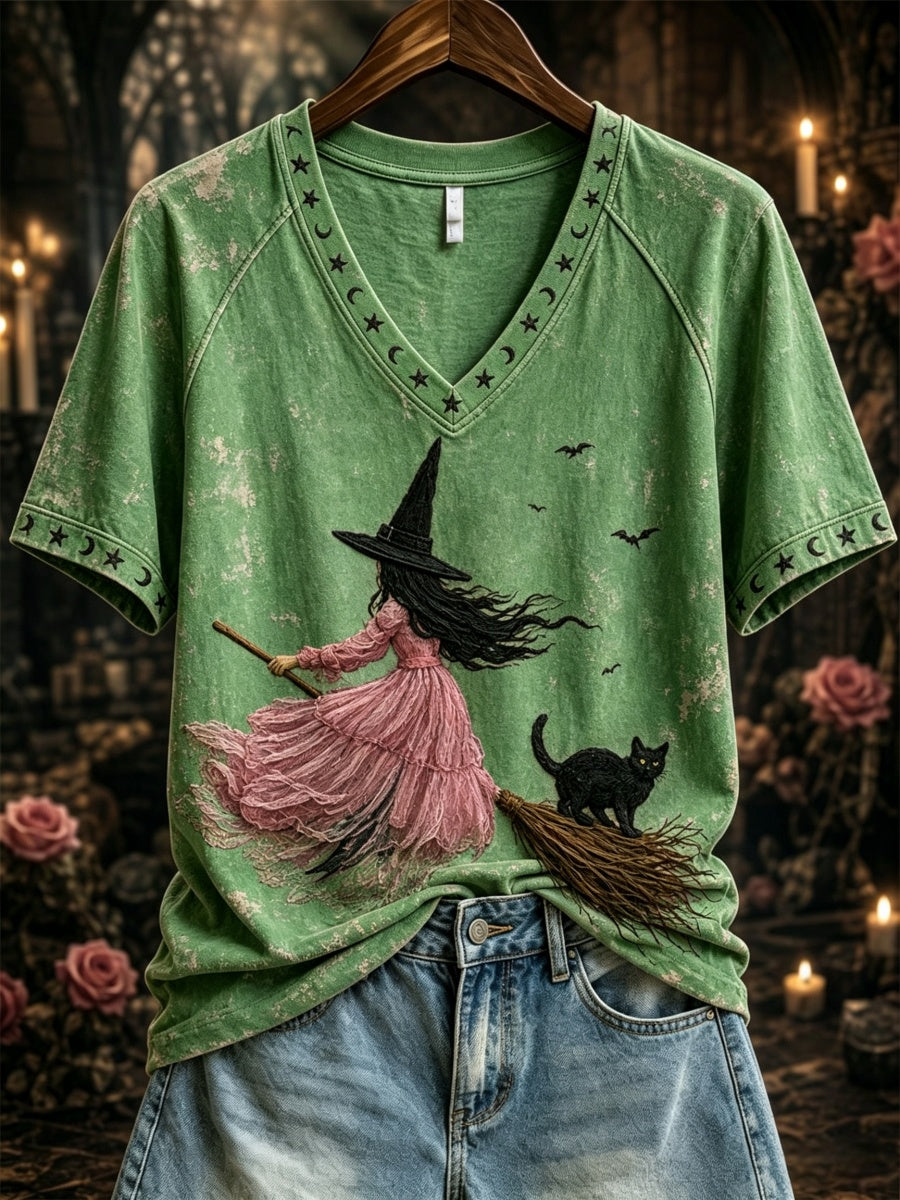 Women's Pink Witch-Themed Print Casual T-Shirt