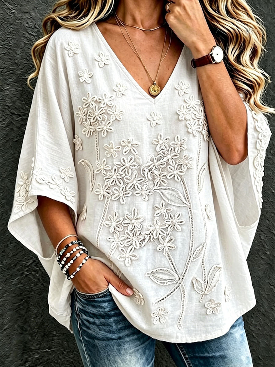 Women'S Cotton And Linen Floral Casual Vacation Top