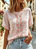 Women's Floral Art Cotton Linen Short Sleeved Top