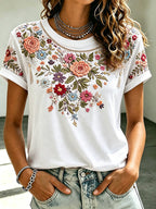 Women'S Casual Pink Floral Short Sleeved T-Shirt