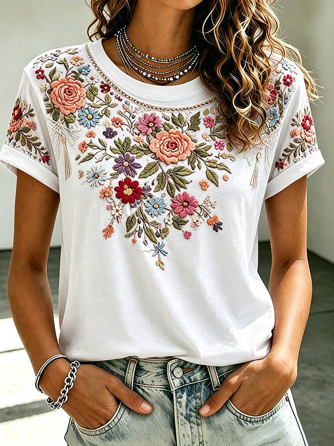 Women'S Casual Pink Floral Short Sleeved T-Shirt