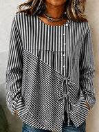 Women'S Breast Cancer Promotion Pink Stripe Art Printing Cotton Linen Long Sleeve Shirt
