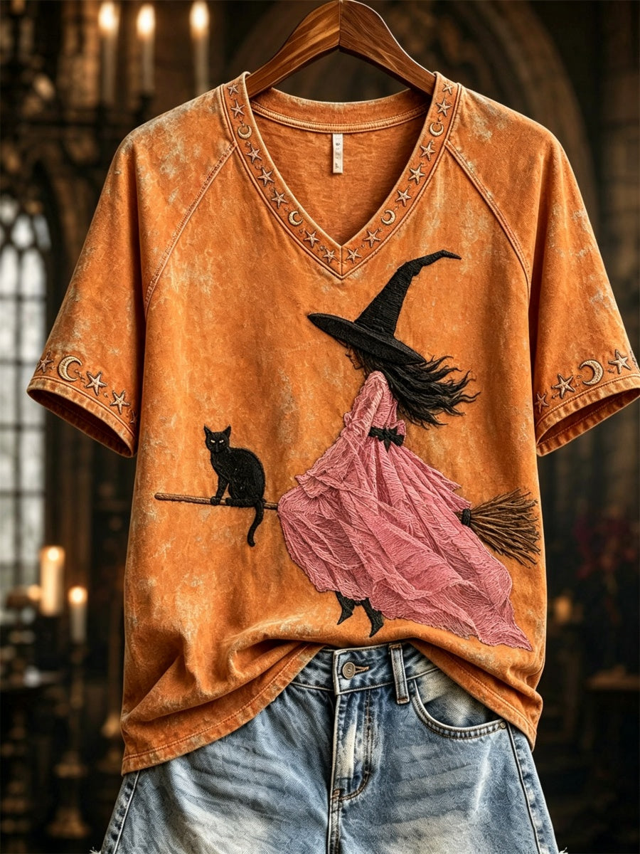 Women's Pink Witch-Themed Print Casual T-Shirt