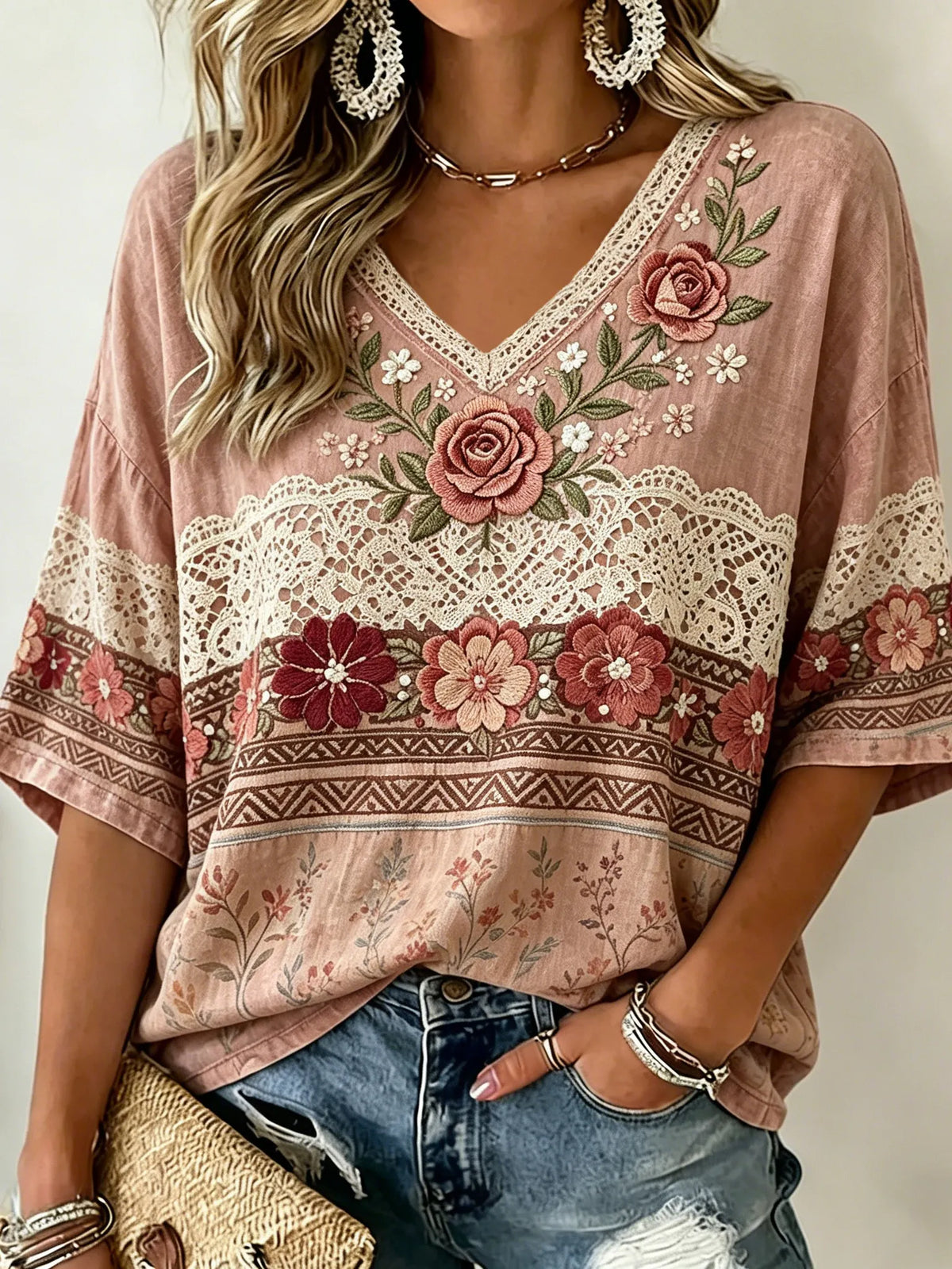 Women's Retro Floral Embroidered Cotton Linen Casual Top