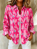 Women'S Pink Floral Print Lapel Long Sleeved Shirt