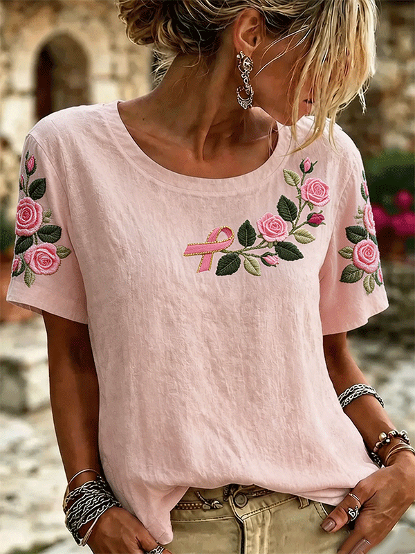 Women's Breast Cancer Pink Ribbon Rose Embroidery Short Sleeve Tee
