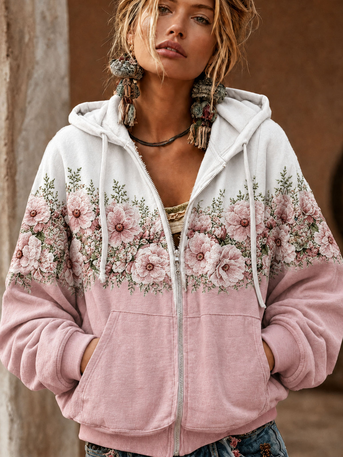 Women's Flower Print Zipper Hoodie