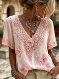 Women's Casual Pink Floral Art T-Shirt