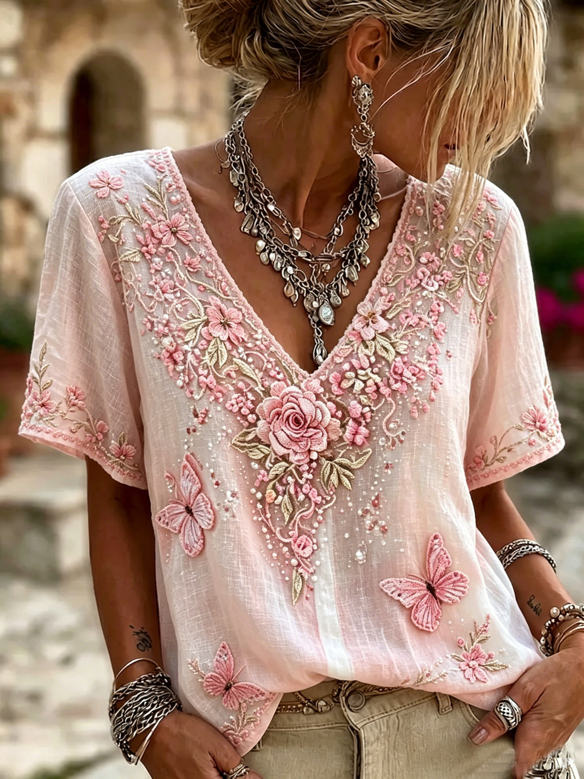 Women's Casual Pink Floral Art T-Shirt