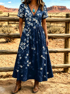 Women'S Western Style V-Neck Short Sleeved Floral Pattern Dress