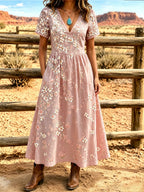 Women'S Western Style V-Neck Short Sleeved Floral Pattern Dress