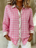 Women's Checkered and Floral Patchwork Print Long-Sleeve Shirt