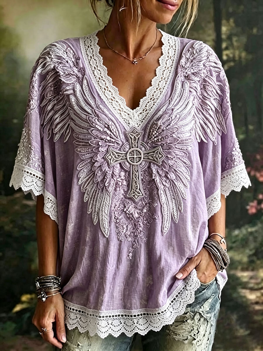 Women's Elegant Wings, Cross, Floral Cotton Linen Top