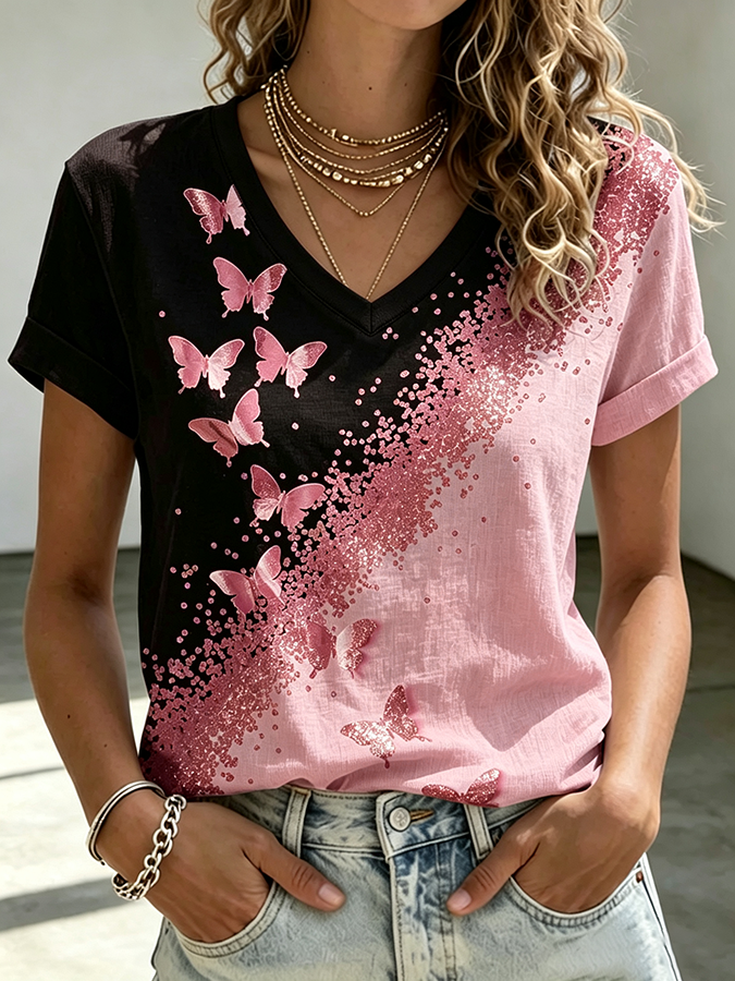 Pink Butterfly Breast Cancer Awareness V-Neck T-Shirt