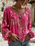 Women'S Floral Pattern Long Sleeved Linen Shirt