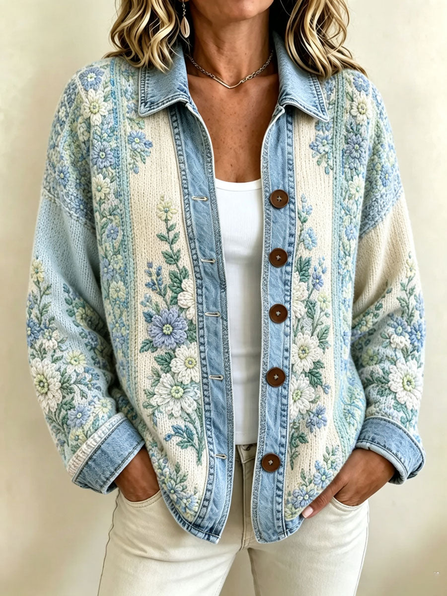 Women's Retro Flower Print Knit Top
