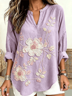 Women's Large Floral Embroidered Henley Neck Linen Blouse