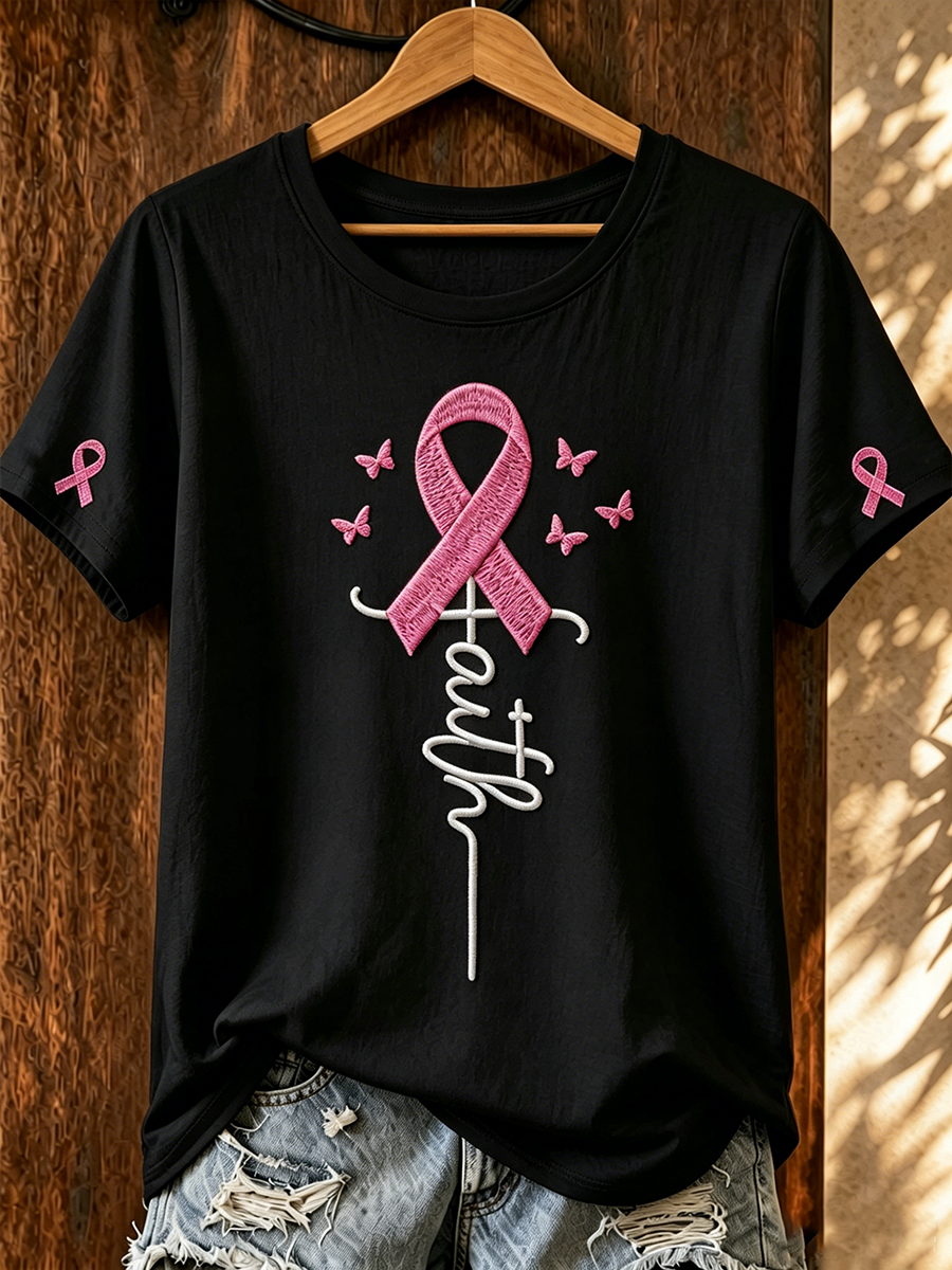 Women's Casual Breast Cancer Embroidery T-Shirt