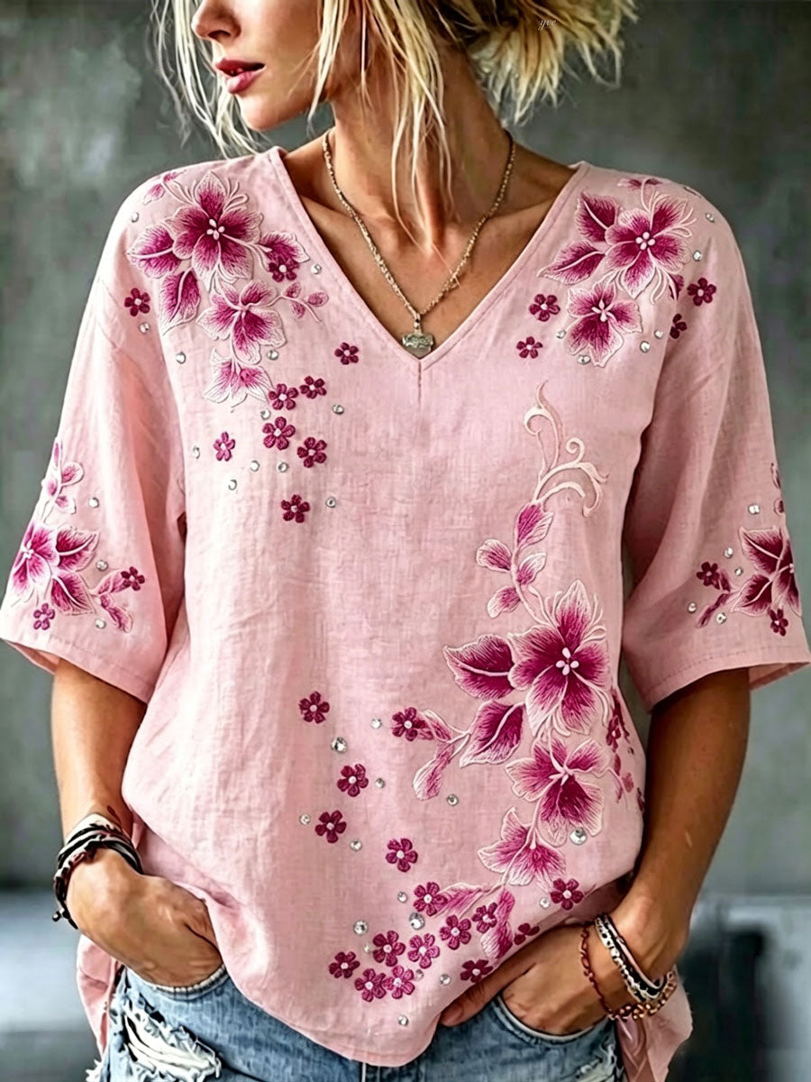 Women's cotton linen flower V-neck short sleeved shirt