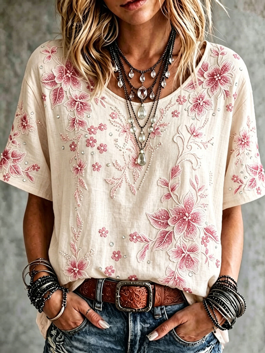 Women'S Cotton Linen Flower Short Sleeve Cotton Linen Shirt