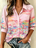 Women's Pink Art Casual Retro Cotton Linen Shirt