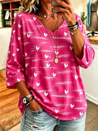 Women'S Casual Pink V-Neck 7-Inch Sleeve T-Shirt