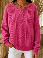 Women'S Casual Printed Henry Button Striped Knitted Top
