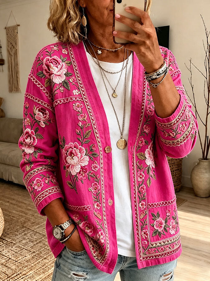 Women'S Pink Art Print Cardigan